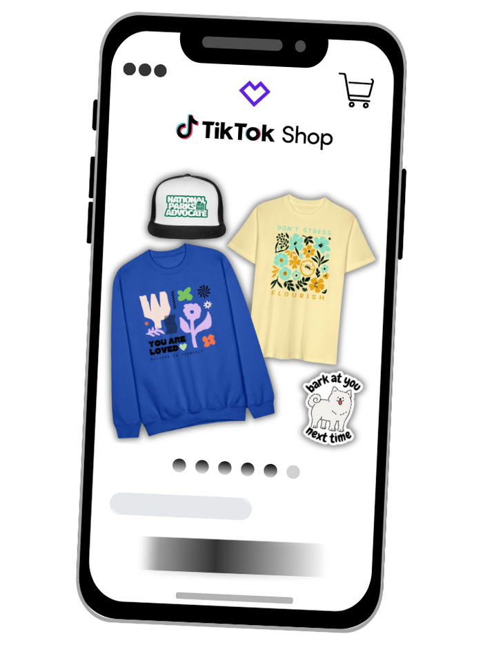 mockup of custom sweatshirt, tshirt, cap, and sticker to sell on tiktok shop using spreadconnect